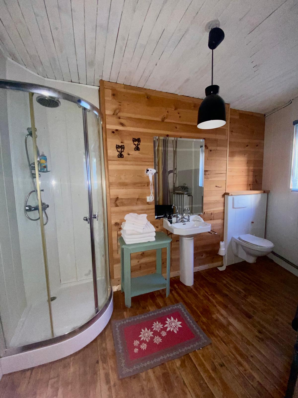 Salle de bain privative avec douche, lavabo et toilettes
